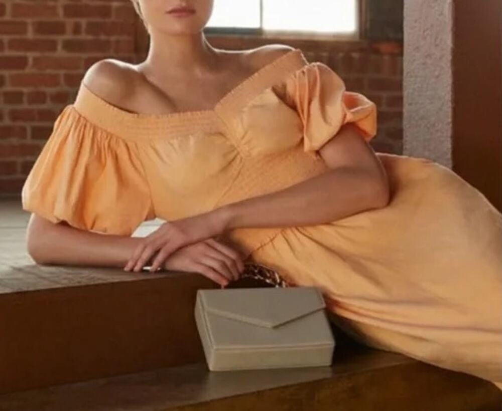 A.L.C. Adena Off-Shoulder Midi Linen Dress Puff Sleeve in Cantaloupe Size 0